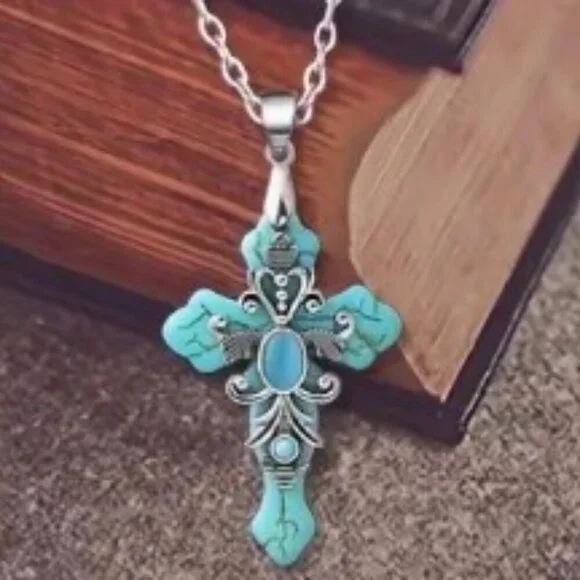 Turquoise Cross Necklace Antique Silver Plated _ unisex - Picture 1 of 6